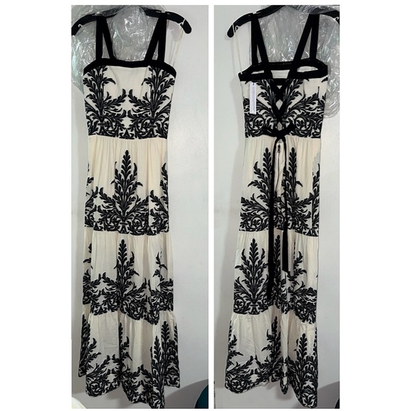 Alice + Olivia Saige Cotton Linen Blend Off White Black Tiered Maxi Dress - Picture 6 of 13
